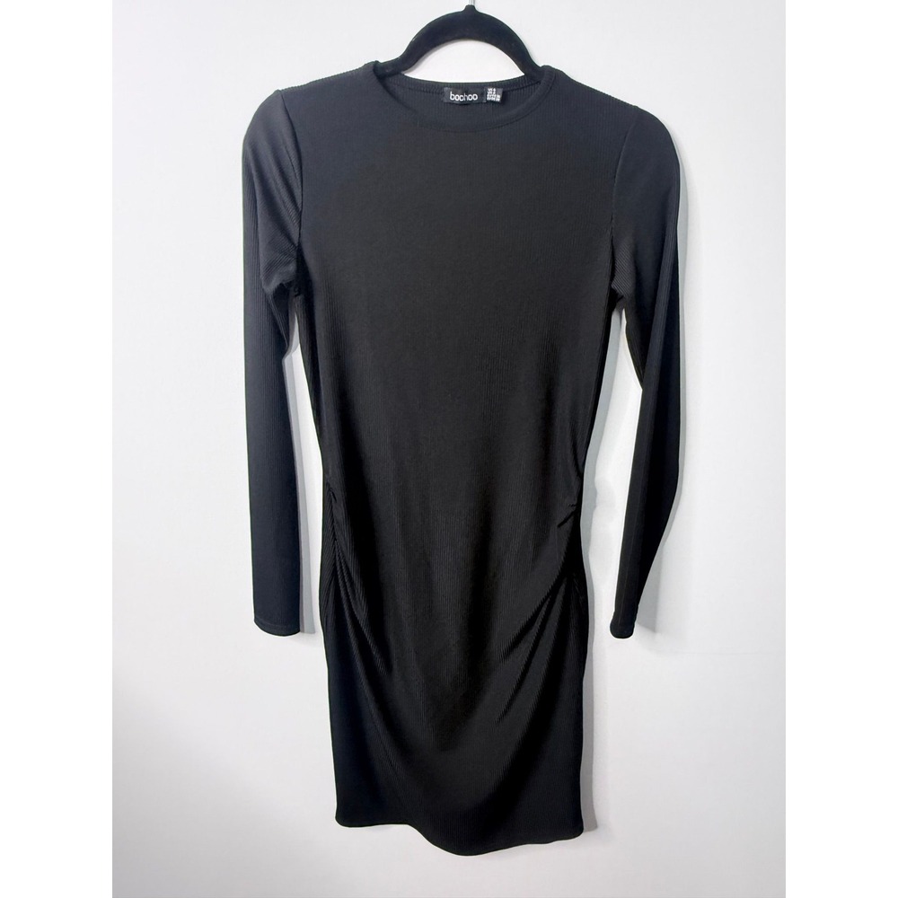 Boohoo Black Ribbed Long Sleeve Bodycon 90s Midi Dress Small